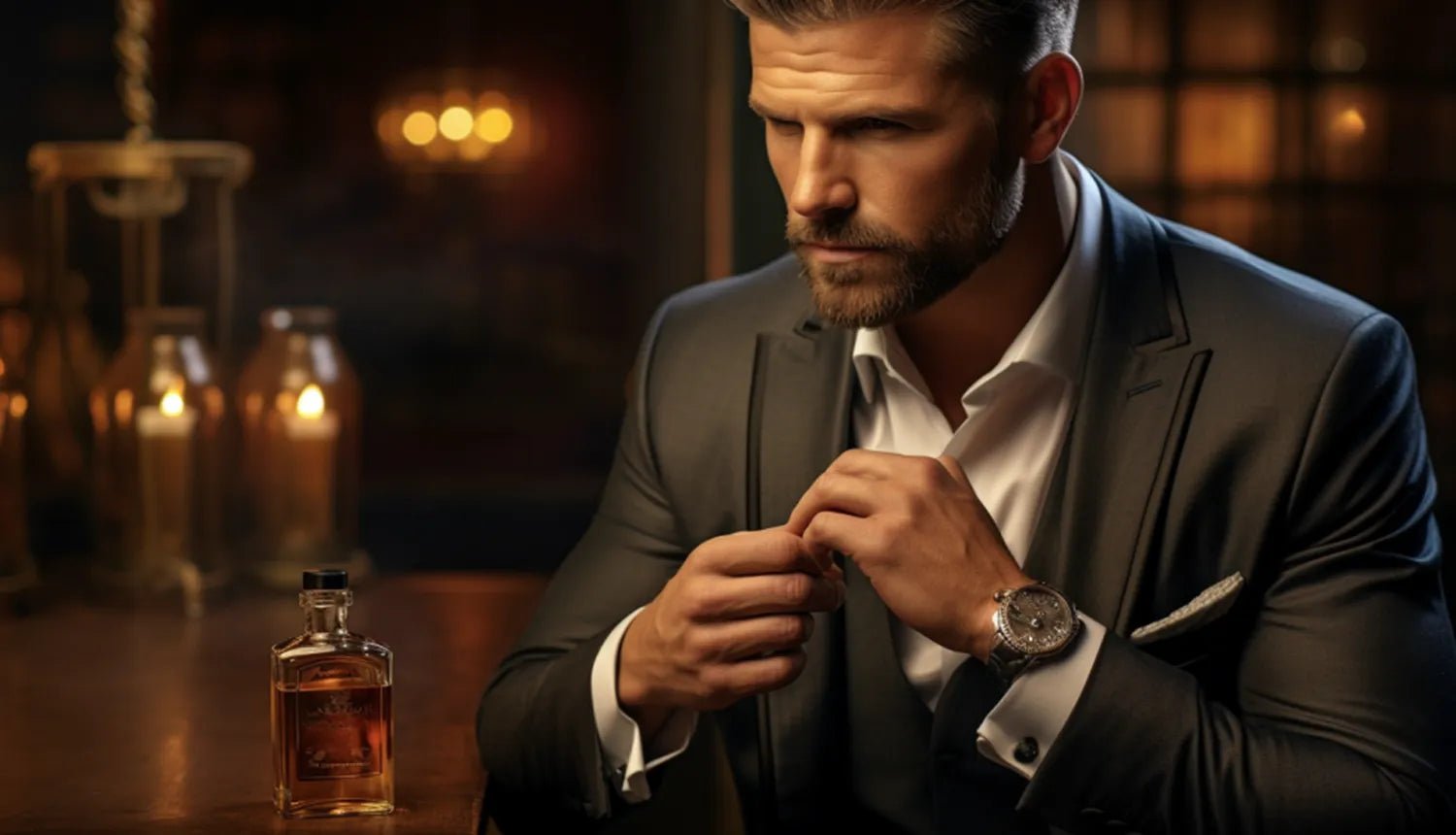 Como escolher o melhor perfume masculino (II) - Dr. JONES. Imagem gerada por IA mostra um homem de pele clara, terno e camisa social branca sentado próximo a uma mesa, em um ambiente à meia-luz, na qual se observa um perfume na cor âmbar.