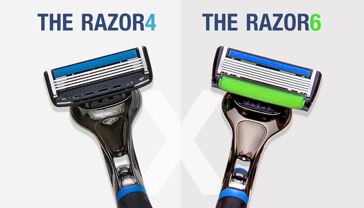 The Razor 4 ou 6 lâminas: qual o melhor para você? - Dr. JONES. Imagem mostra The Razor4 ao lado de The Razor6, da Dr. JONES, em fundo cinza, em que se lê os nomes dos barbeadores e um "X", sugerindo uma competição.