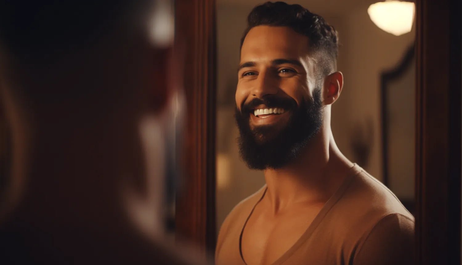 8 dicas para a barba crescer mais rápido - Dr. JONES. Imagem gerada por IA de homem pardo e barbad, cabelo encaracolado e camiseta marrom, sorrindo em frente a um espelho em seu quarto.