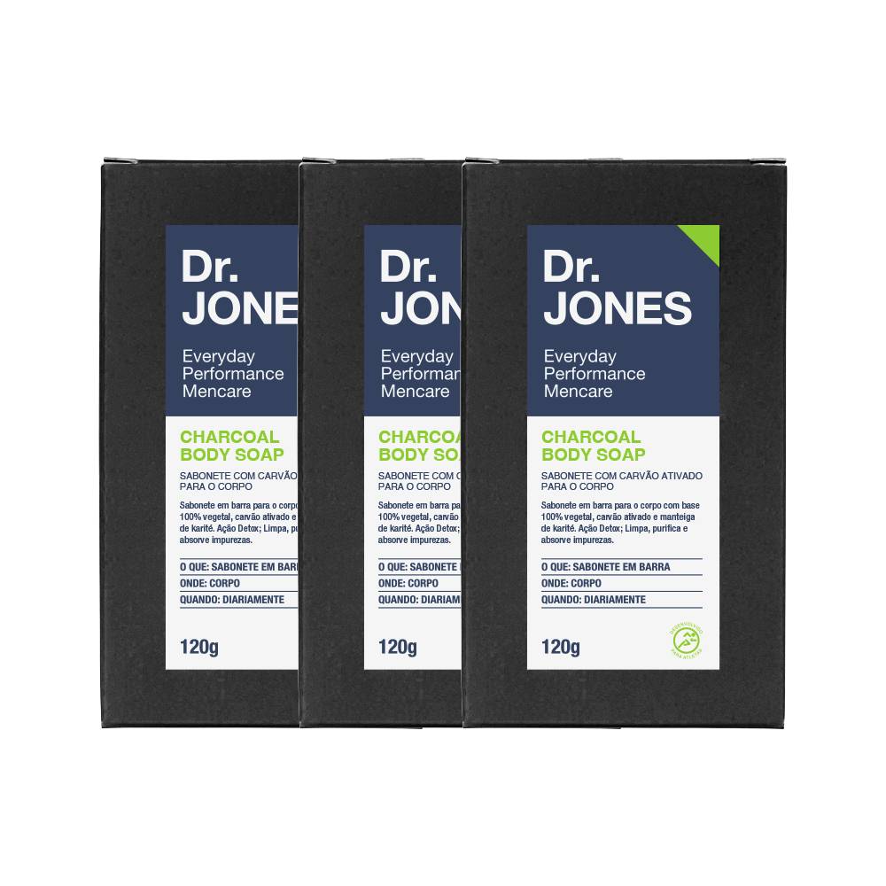 Foto do kit com três unidades do CHARCOAL BODY SOAP - Sabonete em Barra 100% Vegetal Dr. JONES